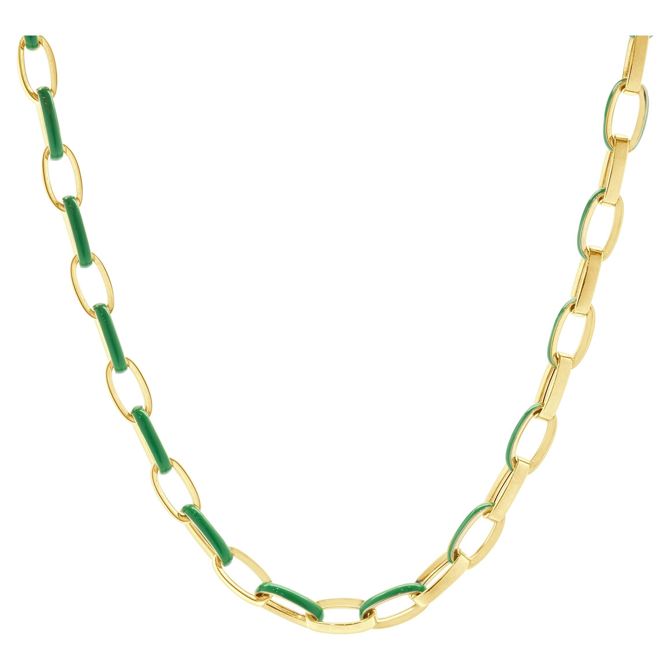 14 Karat Yellow Gold and Green Enamel Oval Link Chain Necklace