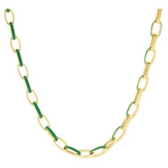 14 Karat Yellow Gold and Green Enamel Oval Link Chain Necklace