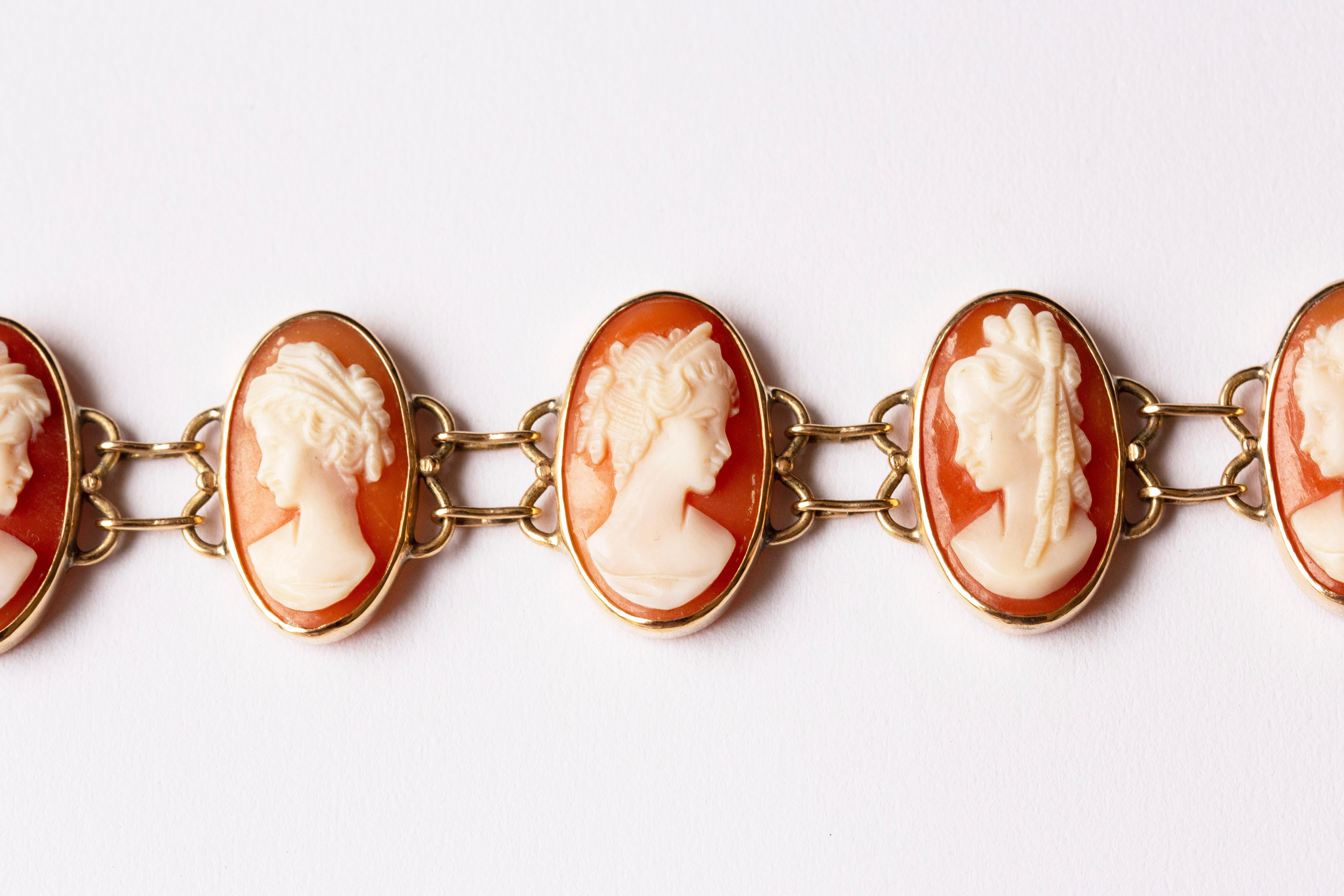 14 Karat Yellow Gold and Hand Carved Shell Cameo Link Bracelet For Sale 7