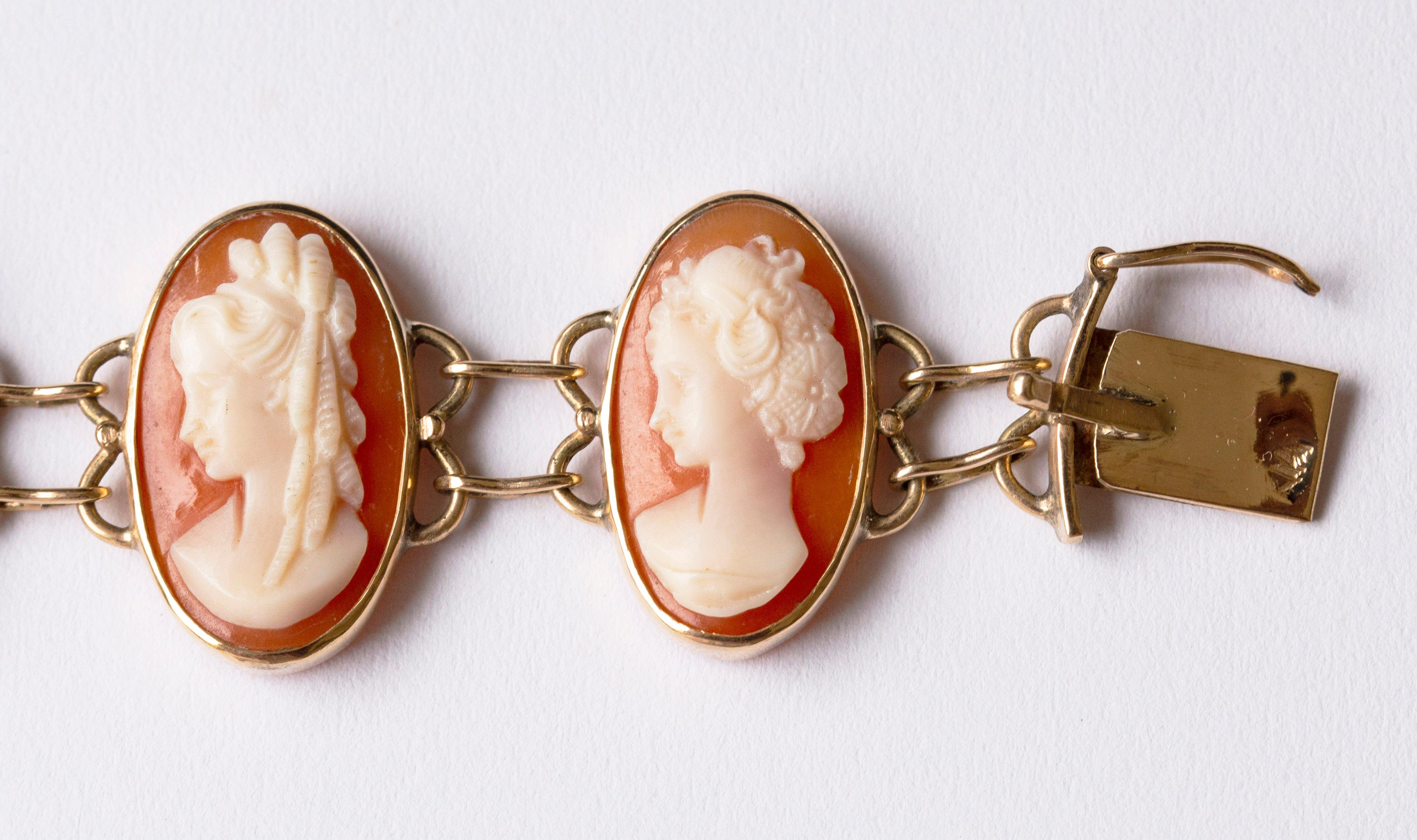 14 Karat Yellow Gold and Hand Carved Shell Cameo Link Bracelet For Sale 9