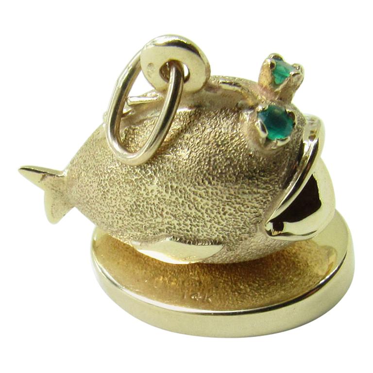 14 Karat Yellow Gold and Jade Blowfish Pendant