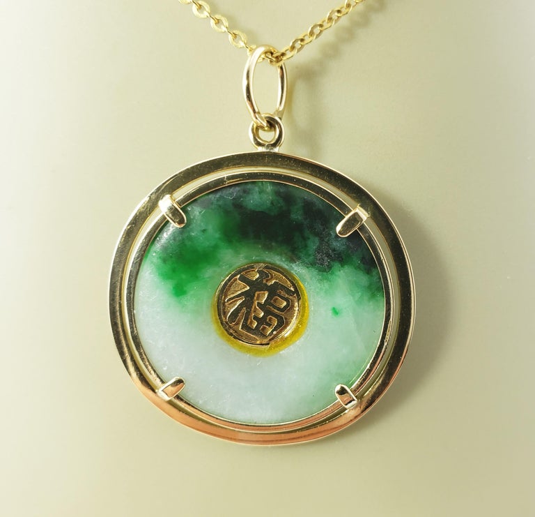 14 Karat Yellow Gold and Jade Chinese Good Luck Pendant at 1stDibs