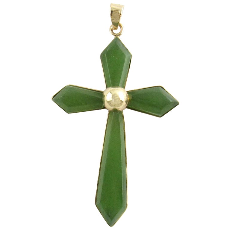 14 Karat Yellow Gold and Jade Cross Pendant at 1stDibs
