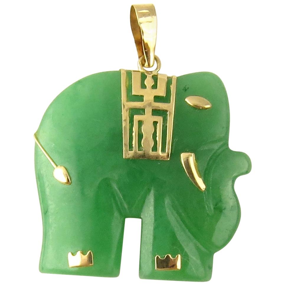 14 Karat Yellow Gold and Jade Elephant Pendant
