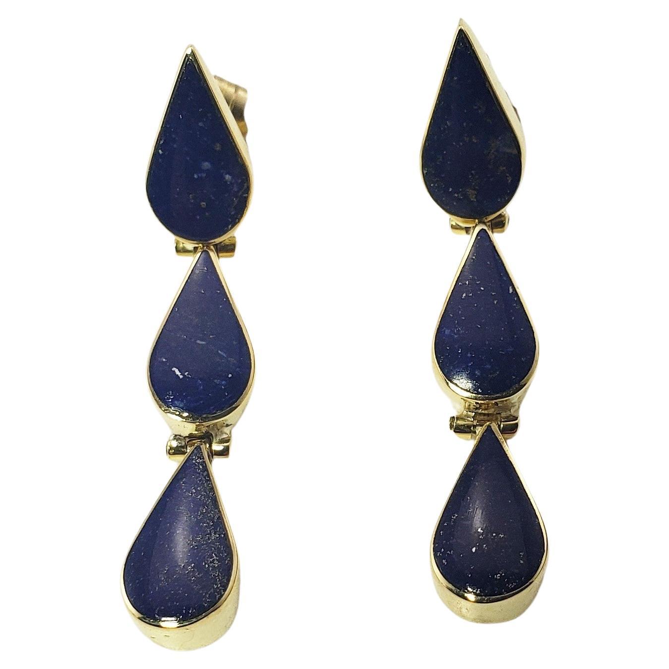 14 Karat Yellow Gold and Lapis Lazuli Dangle Earrings For Sale