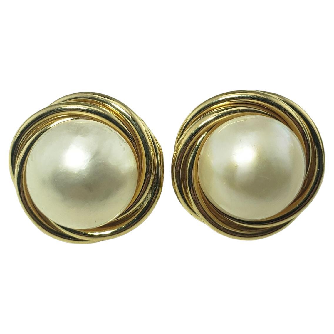 14 Karat Yellow Gold and Mabe Pearl Earrings For Sale