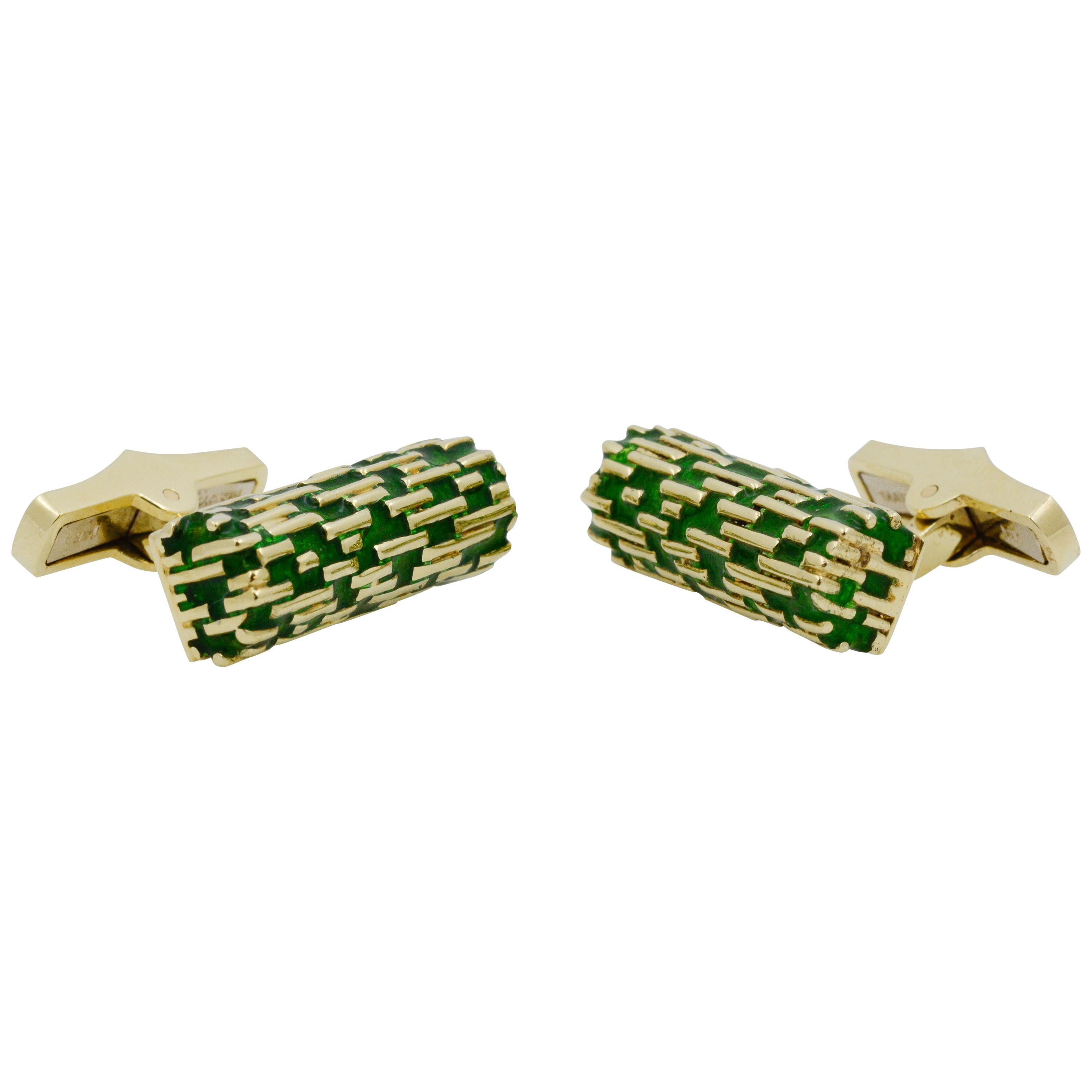 14 Karat Yellow Gold and Matrine Green Enamel Cufflinks