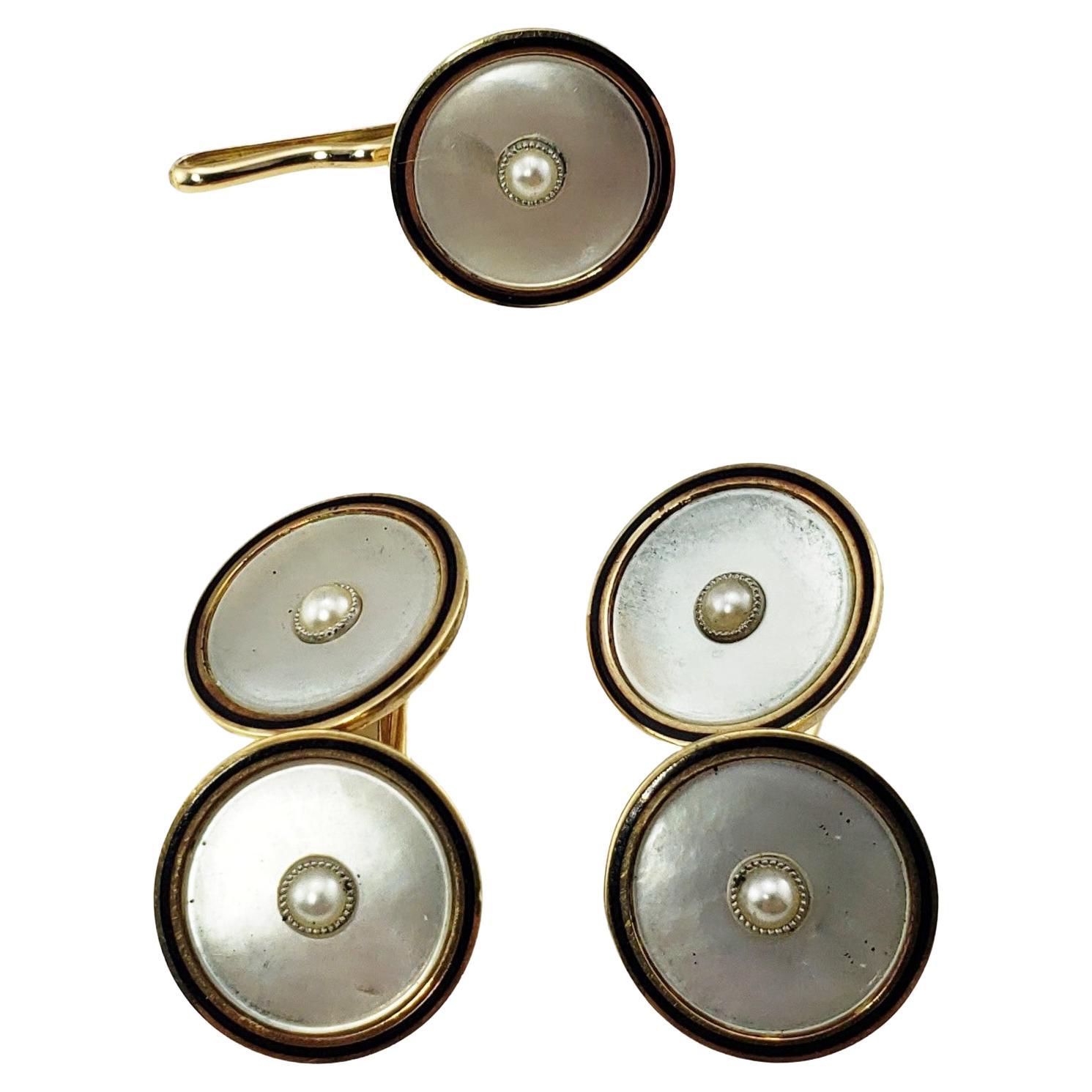 14 Karat Yellow Gold and Mother of Pearl Cufflinks and Button For Sale