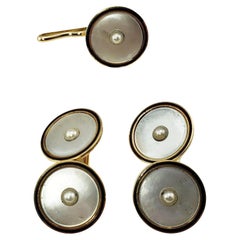 14 Karat Yellow Gold and Mother of Pearl Cufflinks and Button