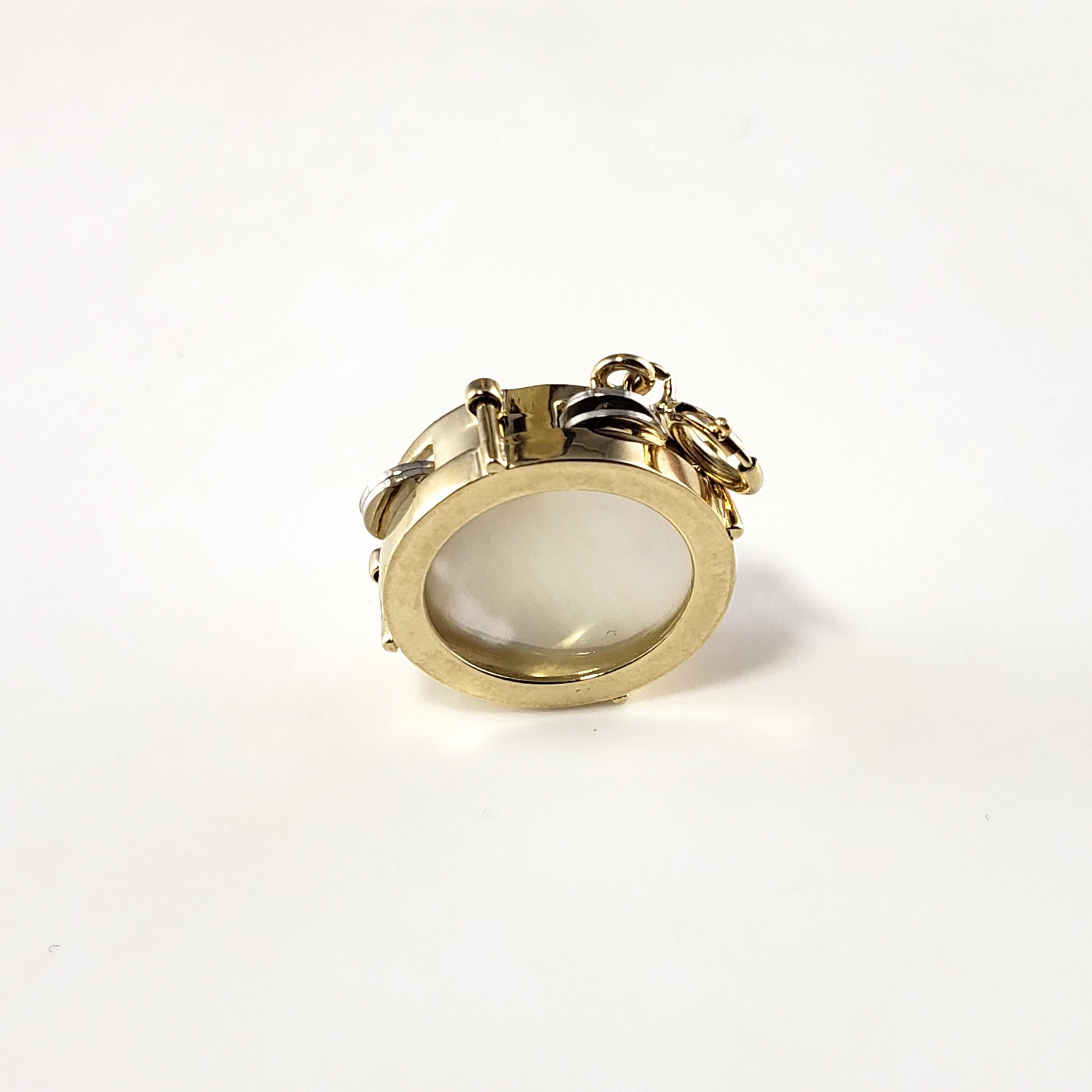 14 Karat Yellow Gold and Mother of Pearl Tambourine Charm In Good Condition For Sale In Washington Depot, CT