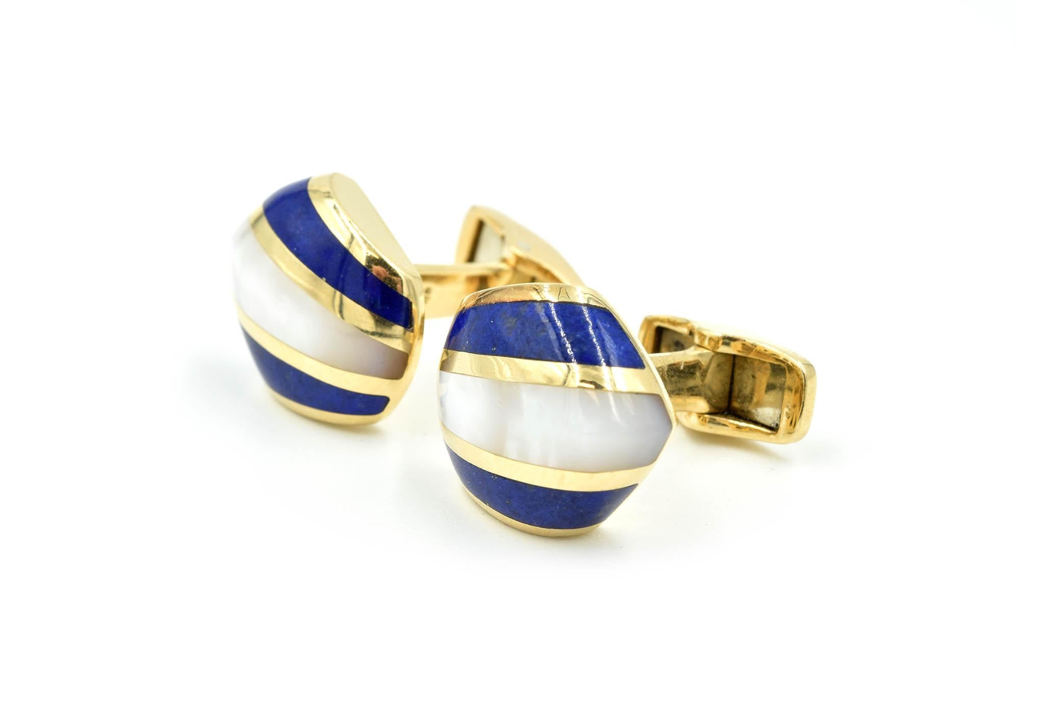 Modern 14 Karat Yellow Gold and Mother-of-Pearl with Lapis Inlay Cufflinks