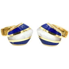 14 Karat Yellow Gold and Mother-of-Pearl with Lapis Inlay Cufflinks