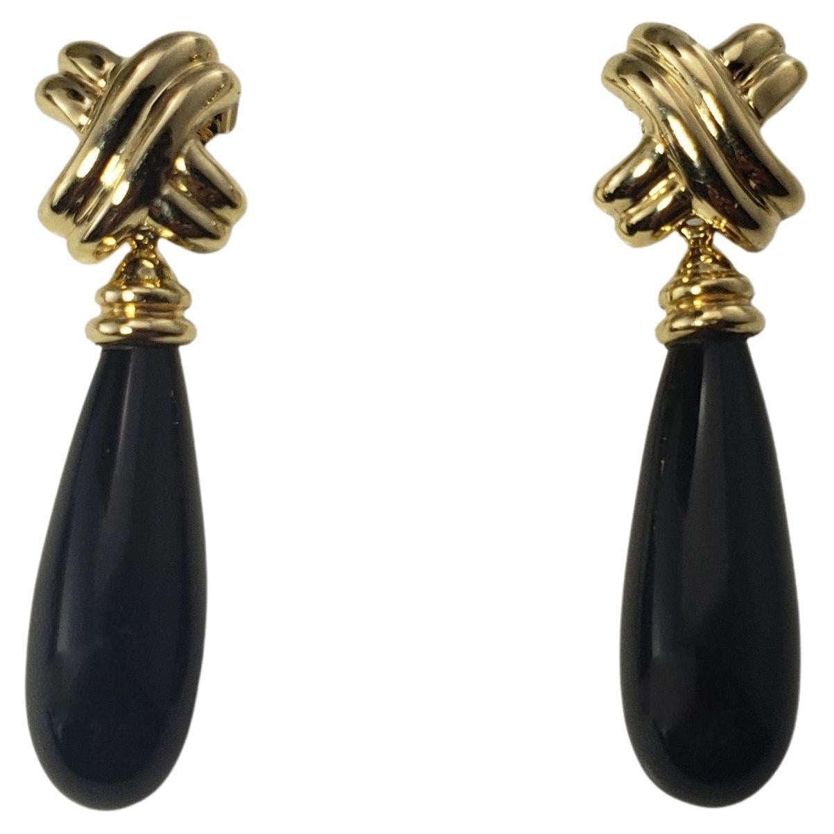 14 Karat Yellow Gold and Onyx Dangle Earrings For Sale