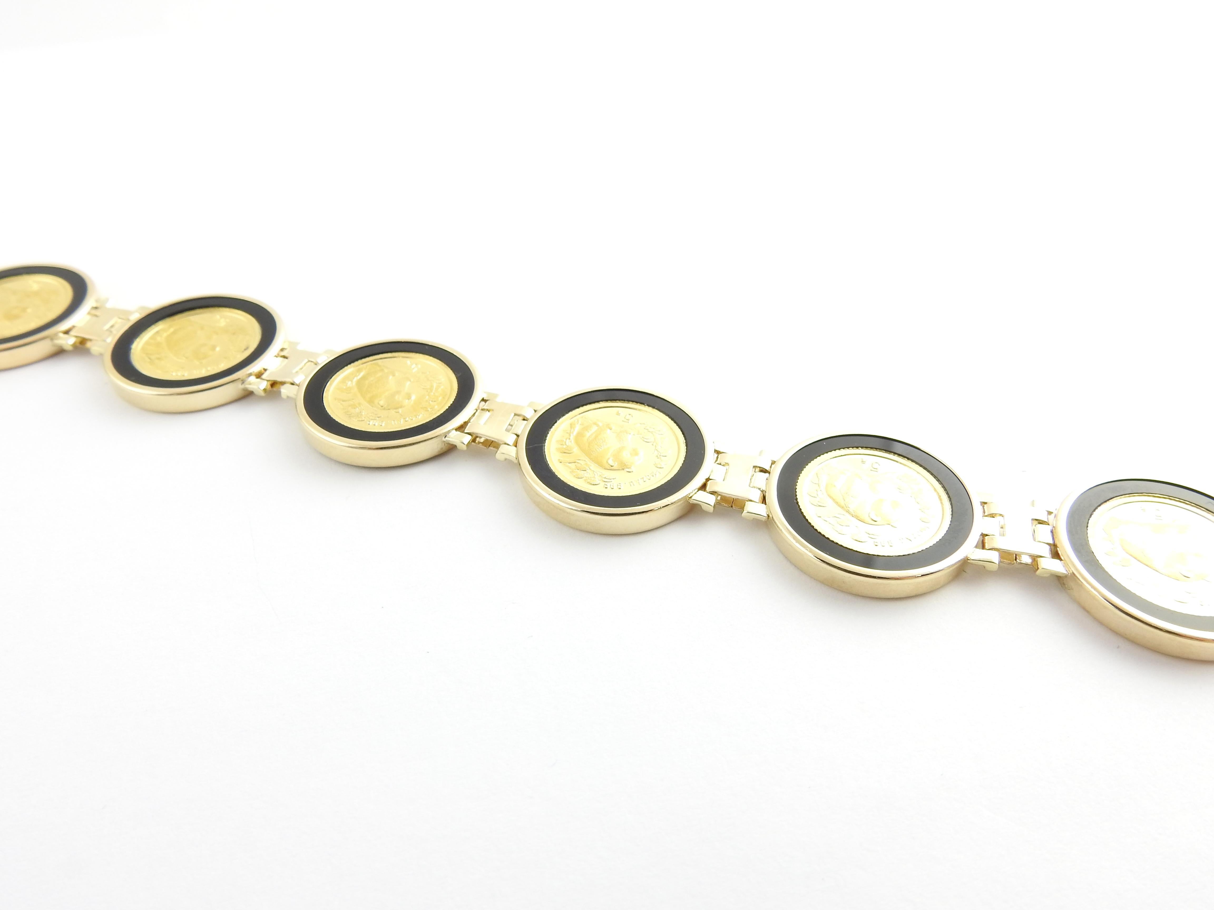 Round Cut 14 Karat Yellow Gold and Onyx Panda Coin Bracelet