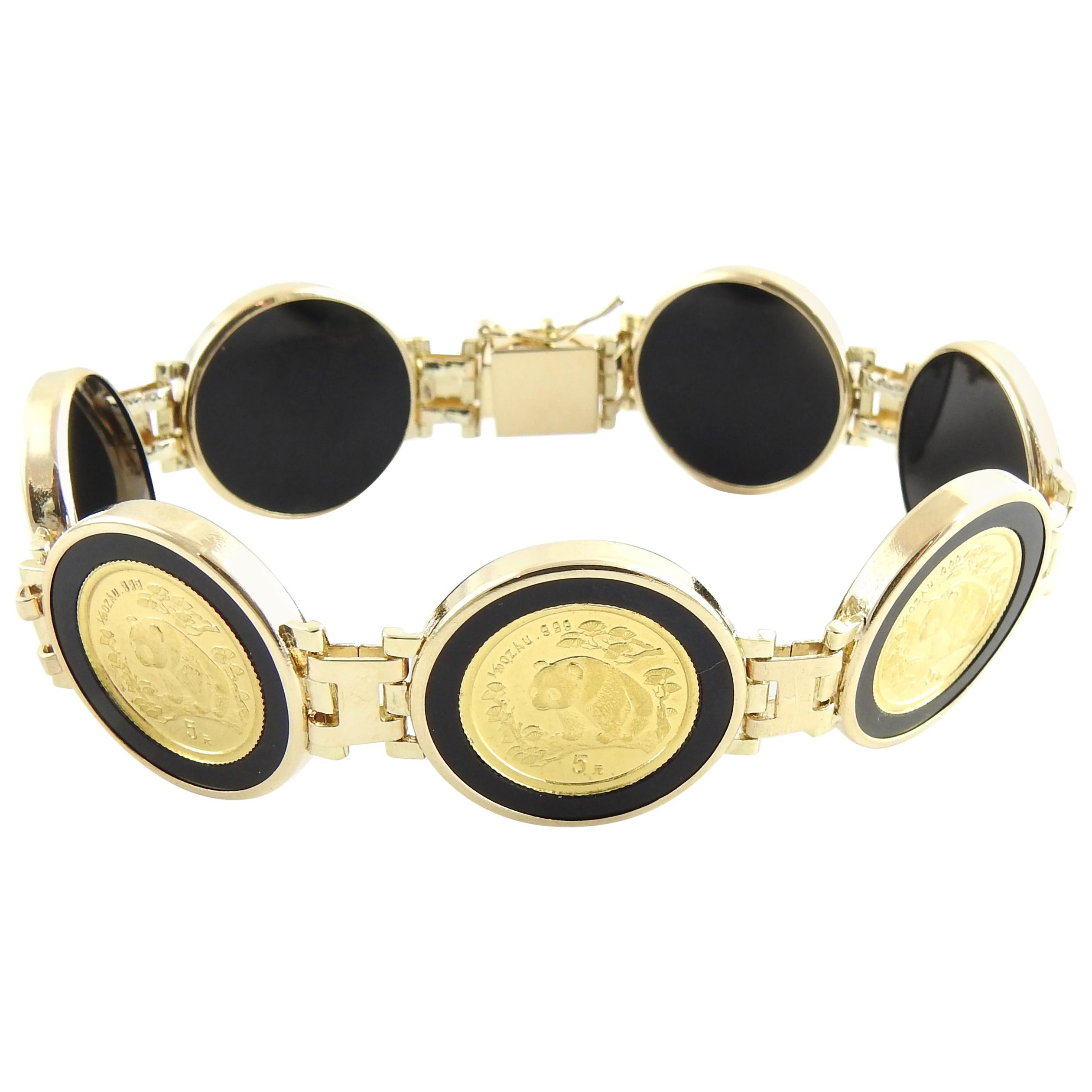 14 Karat Yellow Gold and Onyx Panda Coin Bracelet