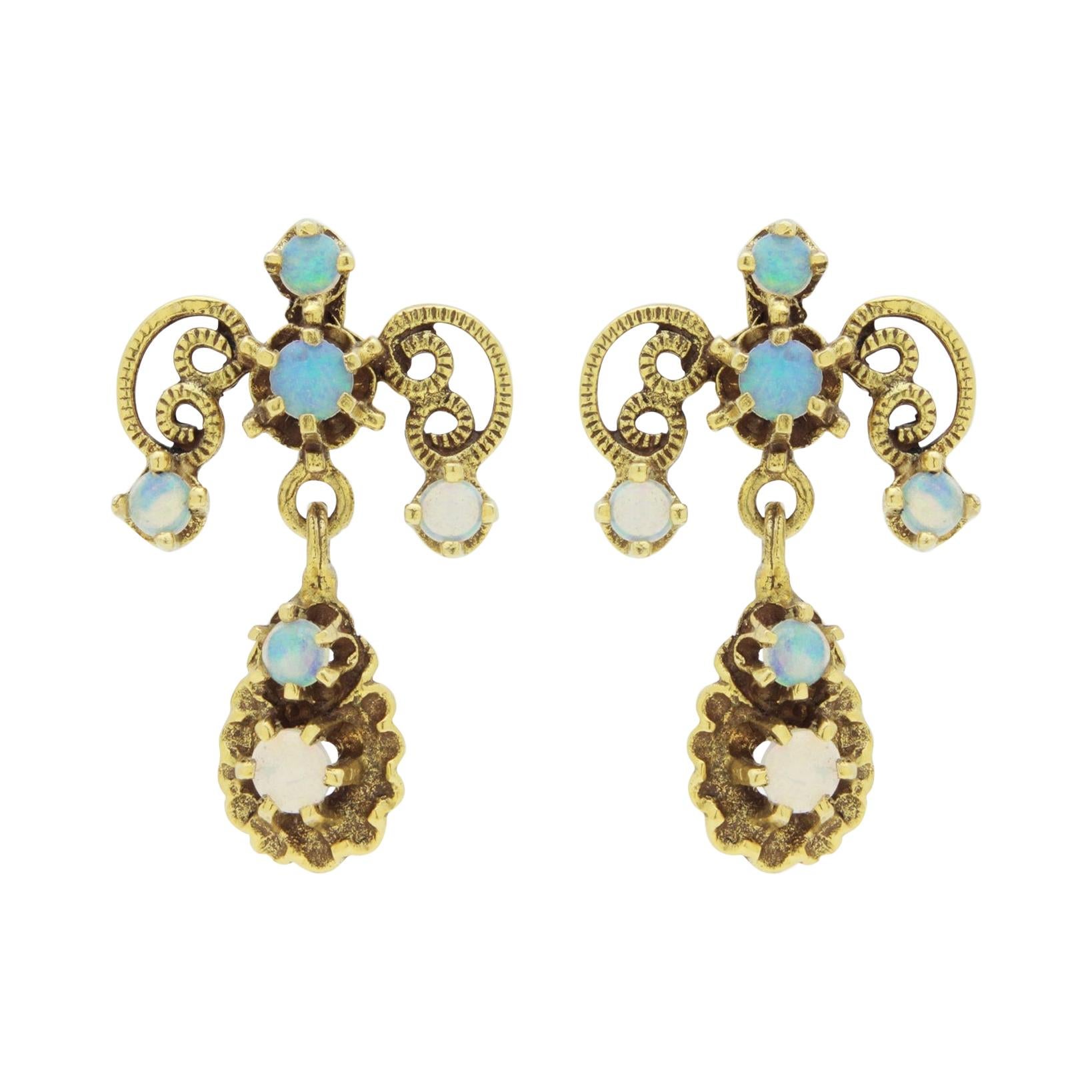 14 Karat Yellow Gold and Opal, Art Nouveau Style Earrings