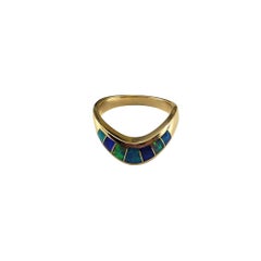 14 Karat Yellow Gold and Opal Inlay Chevron Ring Size 8.75  #18063