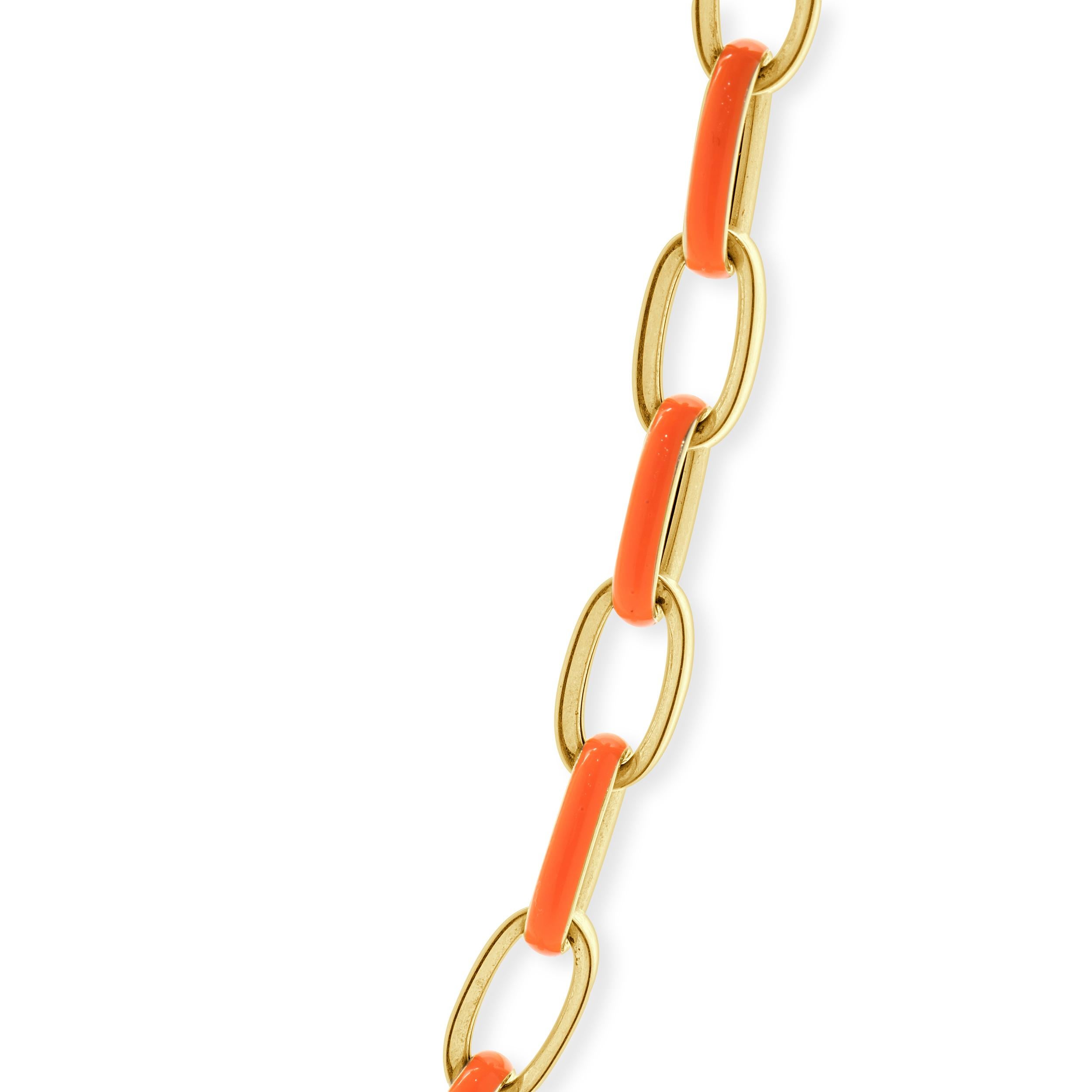 Collana a catena ovale in oro giallo 14 carati e smalto arancione A Link In condizioni ottime in vendita a Scottsdale, AZ
