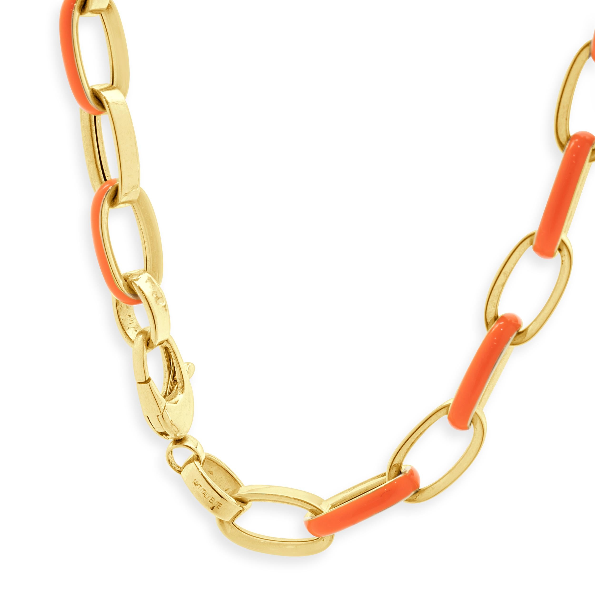 da uomo o donna Collana a catena ovale in oro giallo 14 carati e smalto arancione A Link in vendita