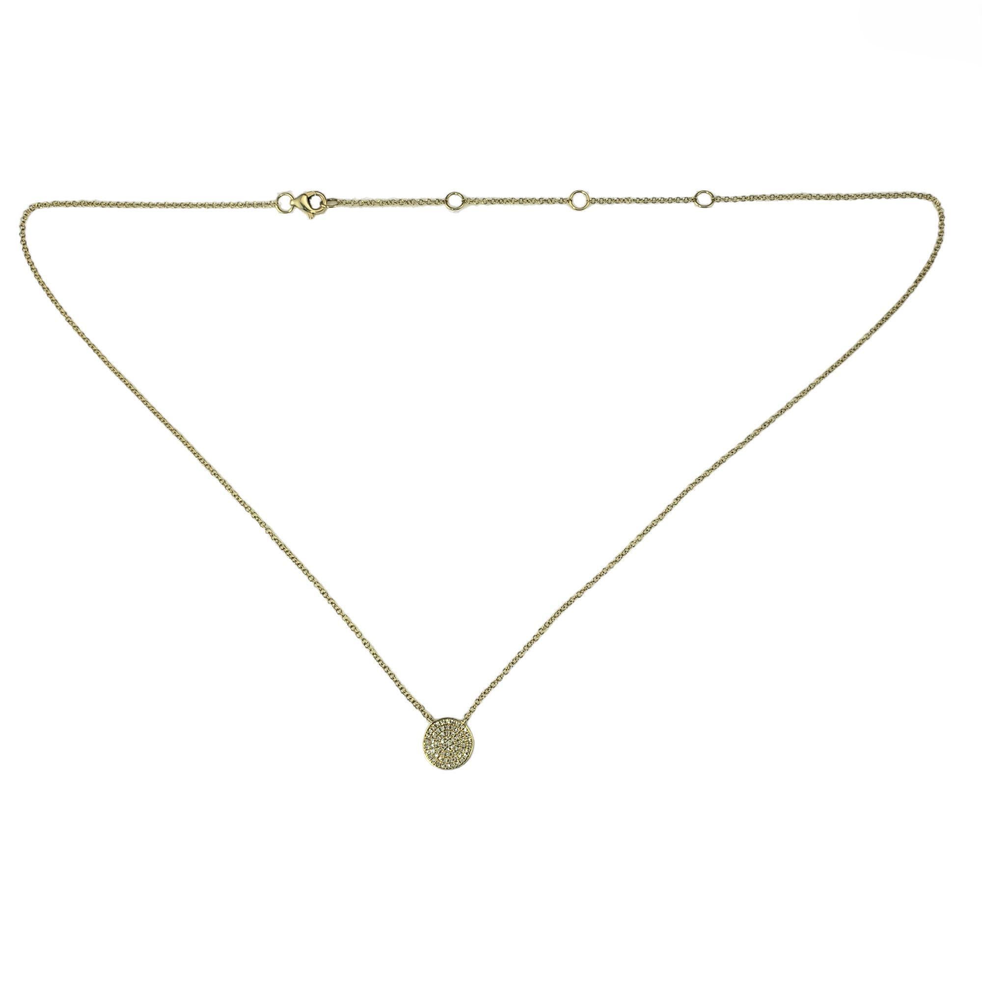 14 Karat Yellow Gold and Pave Diamond Pendant Necklace-

This sparkling pendant necklace features 64 round single cut diamonds set in classic 14K yellow gold.

Diamond color: H

Diamond clarity: VS

Size: 18 inches (necklace)
9 mm (pendant)

Weight: