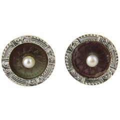 14 Karat Yellow Gold and Pearl Ancient Coin Replica Earrings