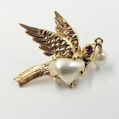 14 Karat Yellow Gold and Pearl Bird Stud Earrings