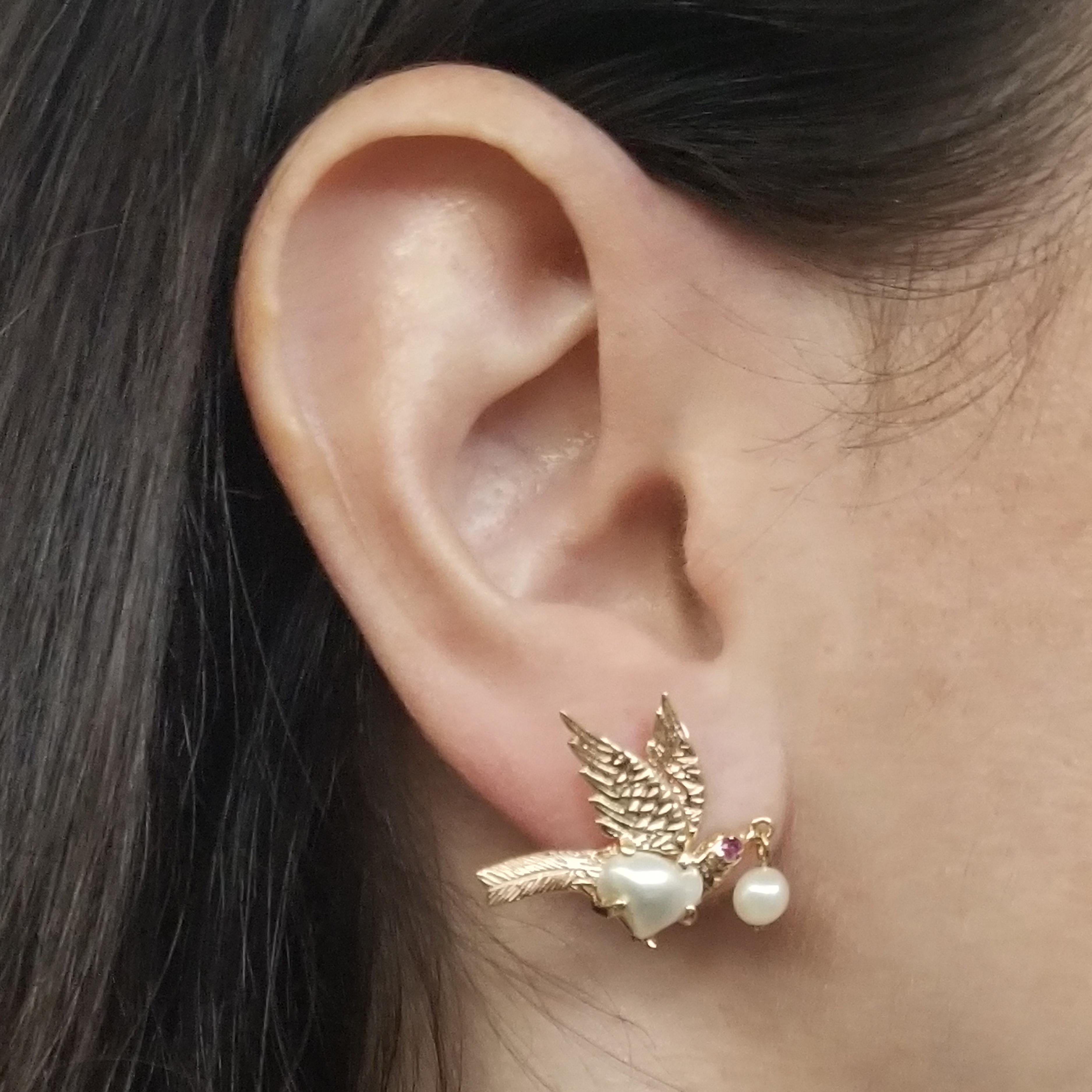 Uncut 14 Karat Yellow Gold and Pearl Bird Stud Earrings