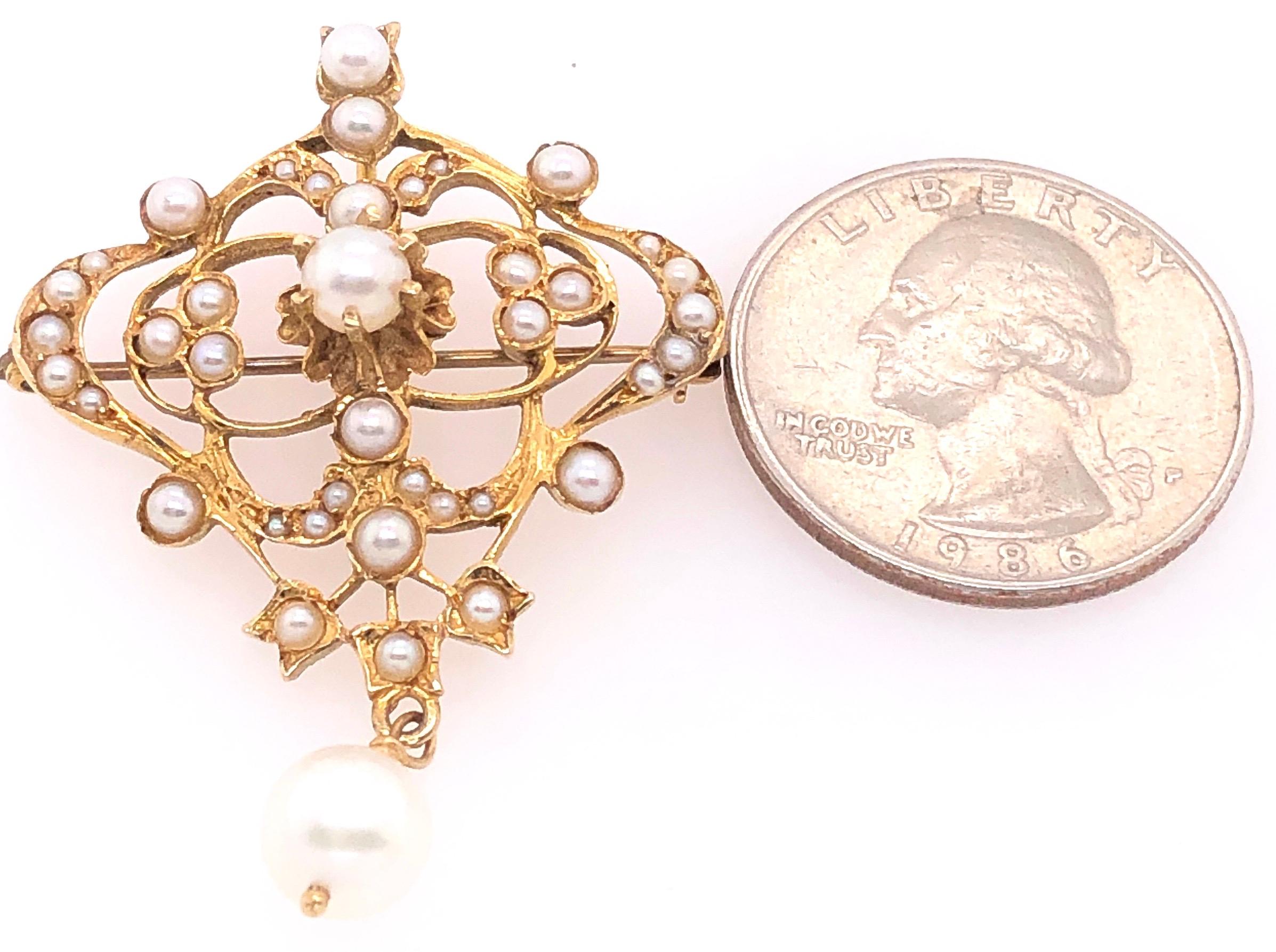 Women's or Men's 14 Karat Yellow Gold and Pearl Brooch with Dangling Pearl For Sale