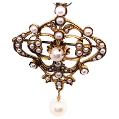 14 Karat Yellow Gold and Pearl Brooch with Dangling Pearl