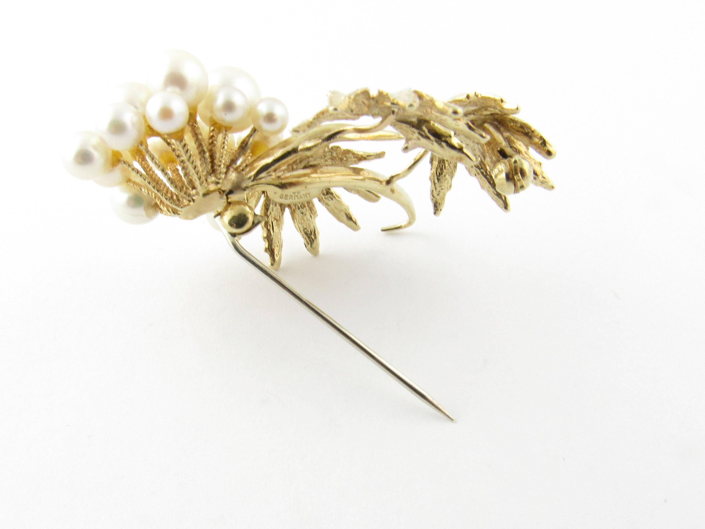 Vintage 14 Karat Yellow Gold and Pearl Grosse Germany Brooch/Pin-

This lovely floral brooch features 20 luminous pearls set in exquisitely detailed 14K yellow gold.

Size: 38 mm x 20 mm

Weight: 5.7 dwt. / 9.0 gr.

Hallmark: Grosse 1968