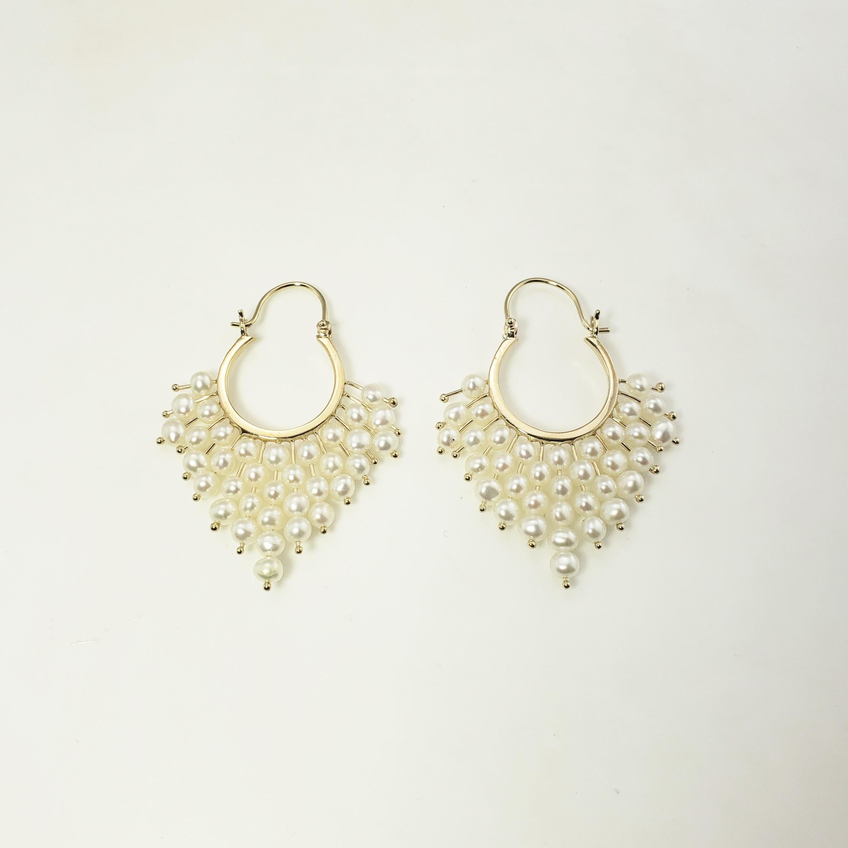 Women's 14 Karat Yellow Gold and Pearl Hoop Earrings For Sale