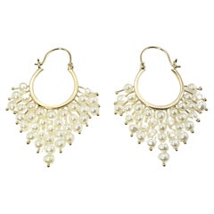 14 Karat Yellow Gold and Pearl Hoop Earrings