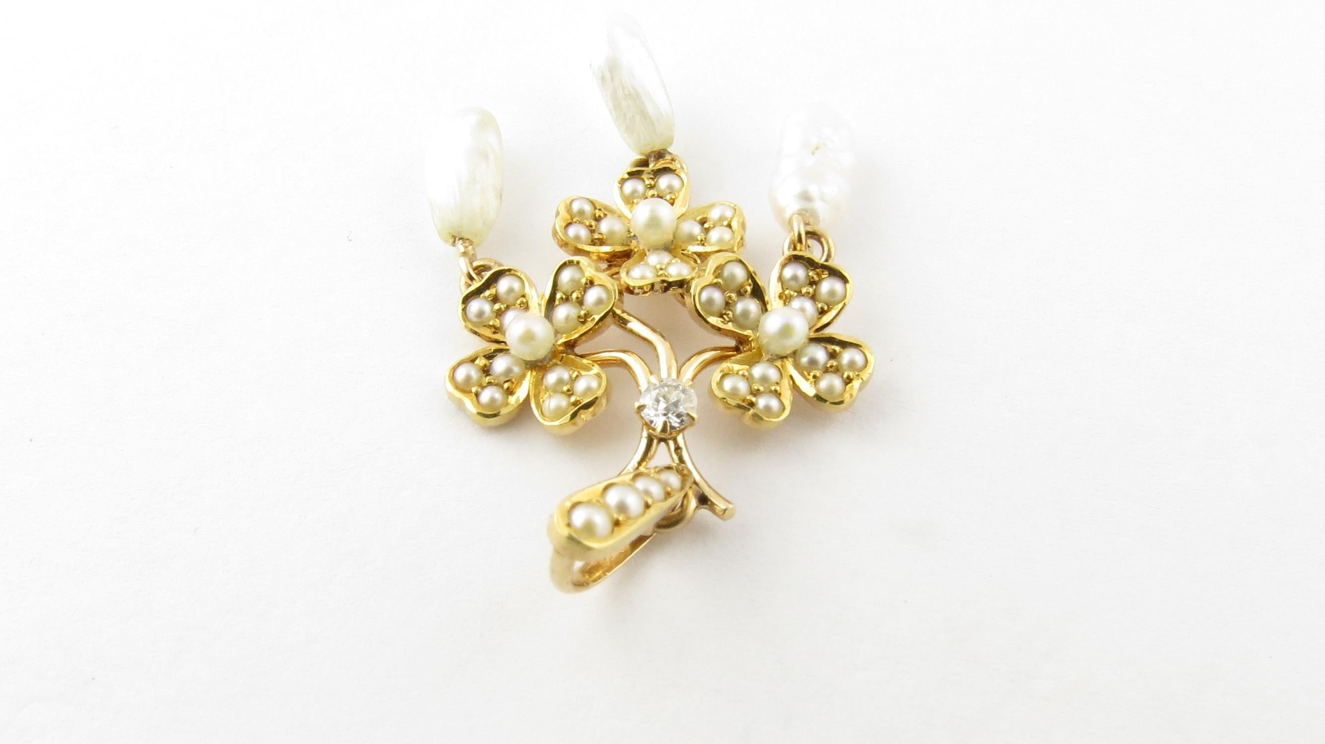 Round Cut 14 Karat Yellow Gold Diamond and Pearl Pendant