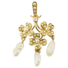 14 Karat Yellow Gold Diamond and Pearl Pendant