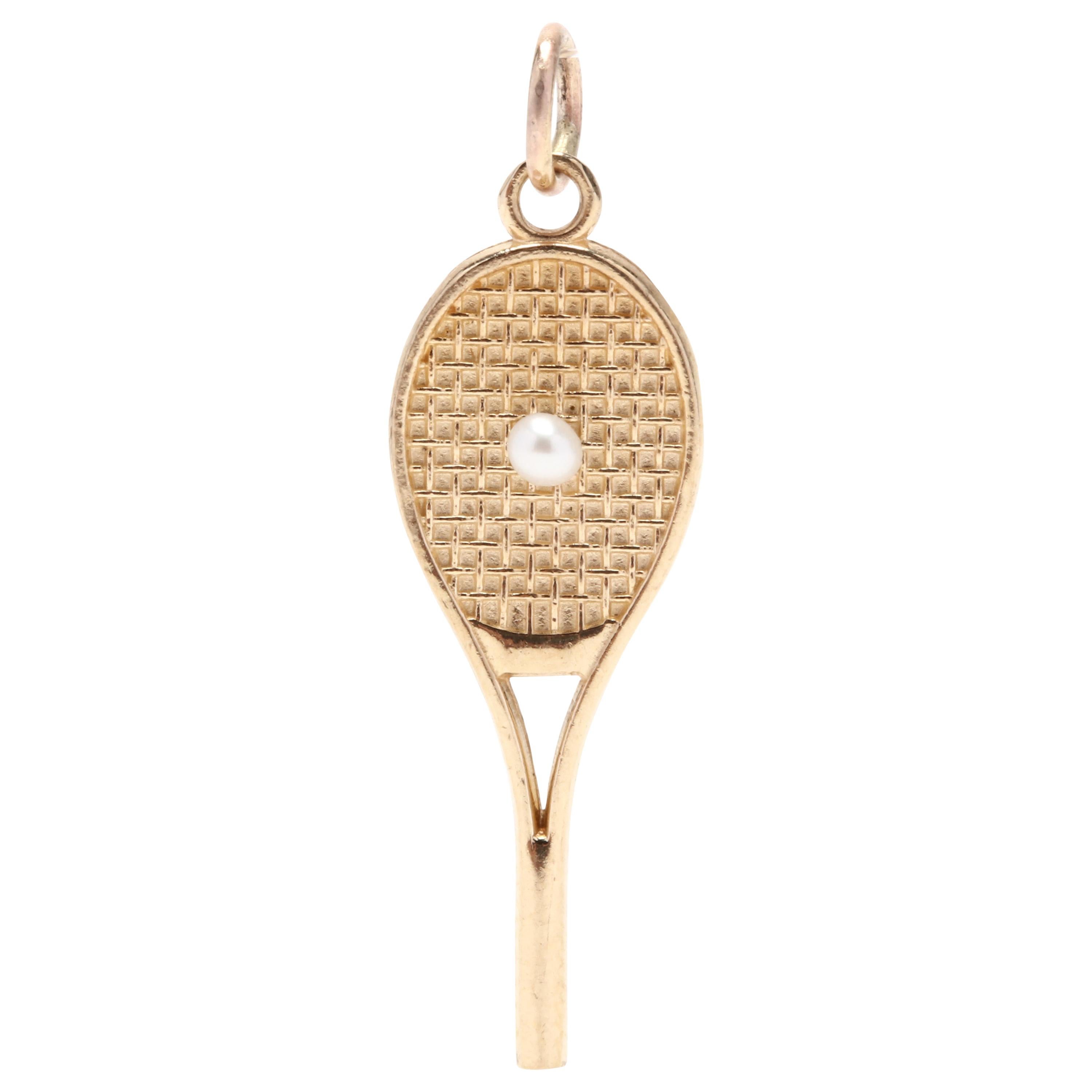 14 Karat Yellow Gold and Pearl Tennis Racket Charm / Pendant