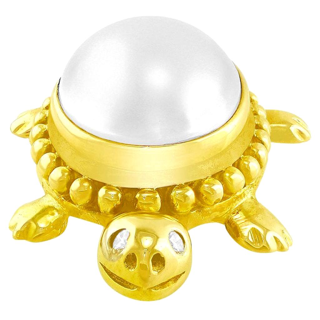 14 Karat Yellow Gold and Pearl Turtle Pin For Sale