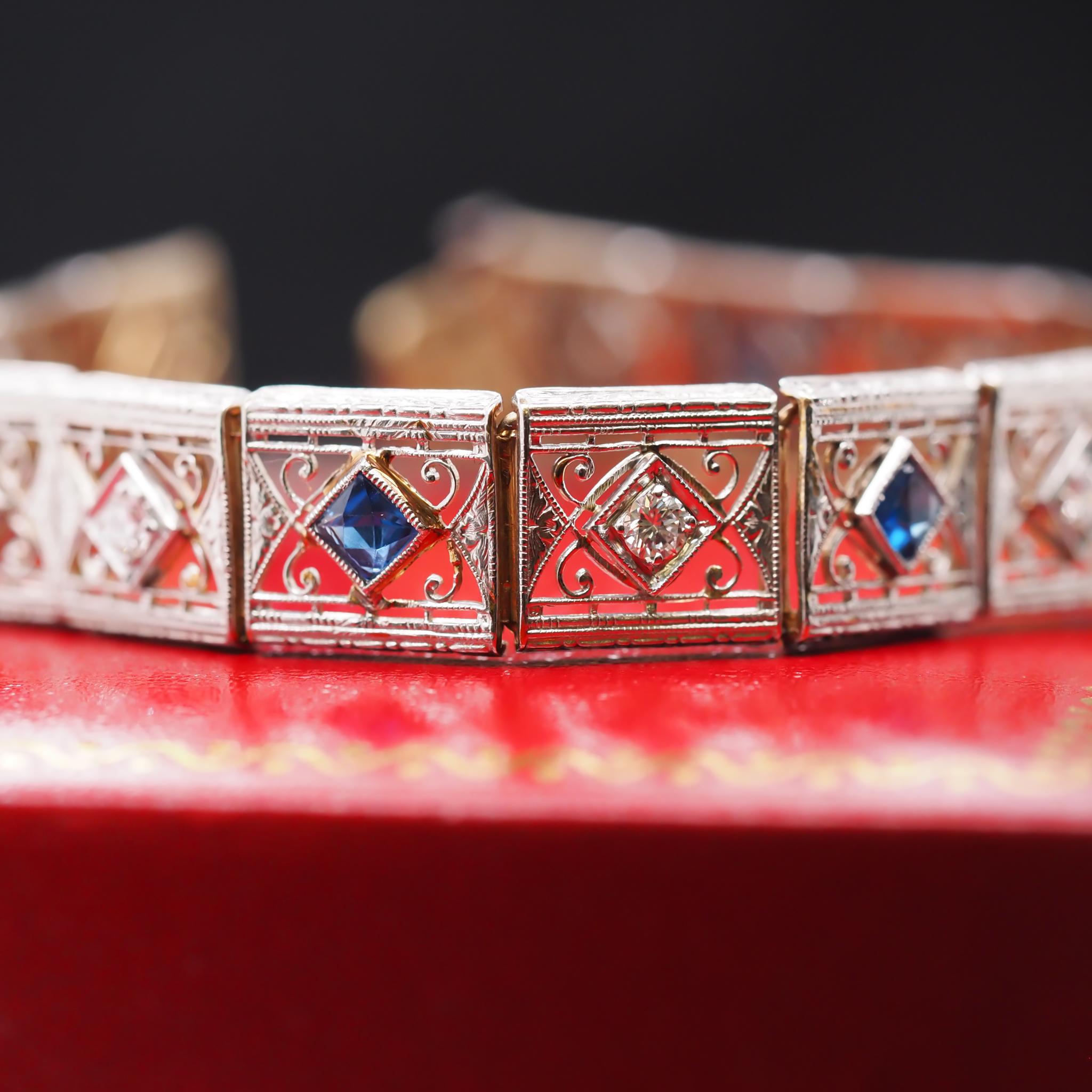 Art Deco 14 Karat Yellow Gold and Platinum Diamond Sapphire Ornate Bracelet  For Sale