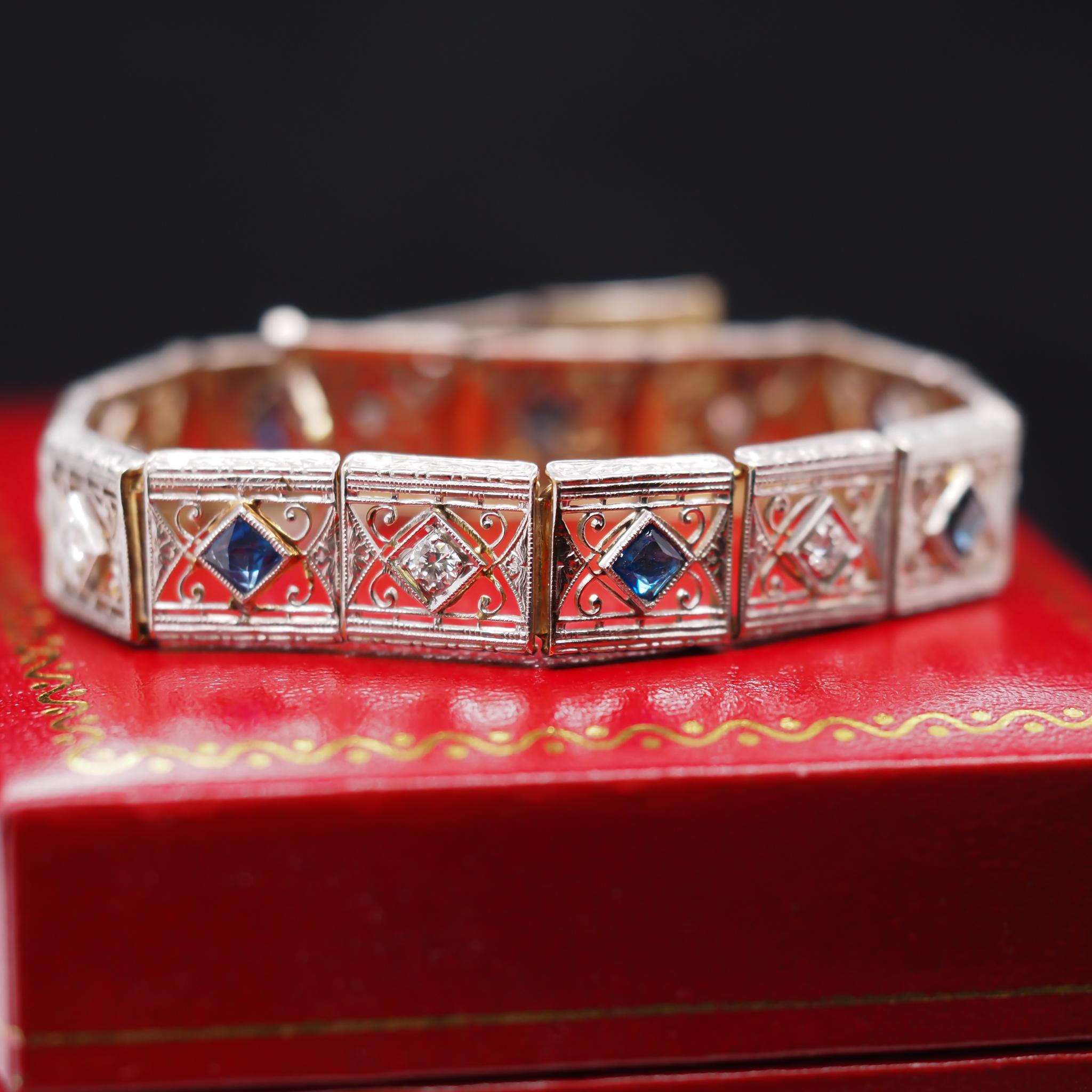 Women's 14 Karat Yellow Gold and Platinum Diamond Sapphire Ornate Bracelet  For Sale