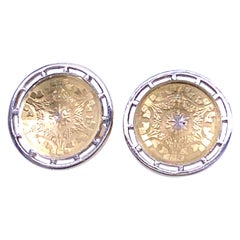 Antique 14 Karat Yellow Gold and Platinum Engraved Disc Earrings, circa 1925