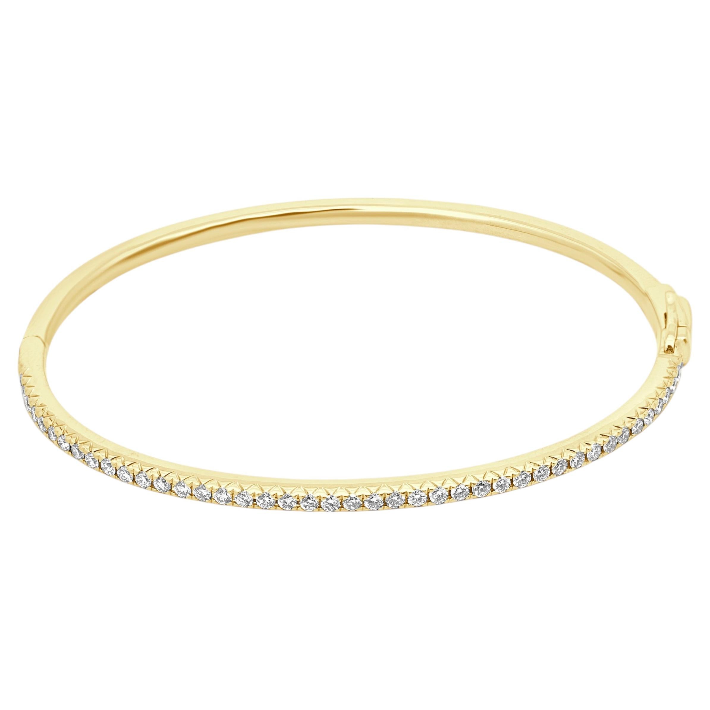 14 Karat Yellow Gold and Prong Set Round Diamond Hinged Bangle Bracelet