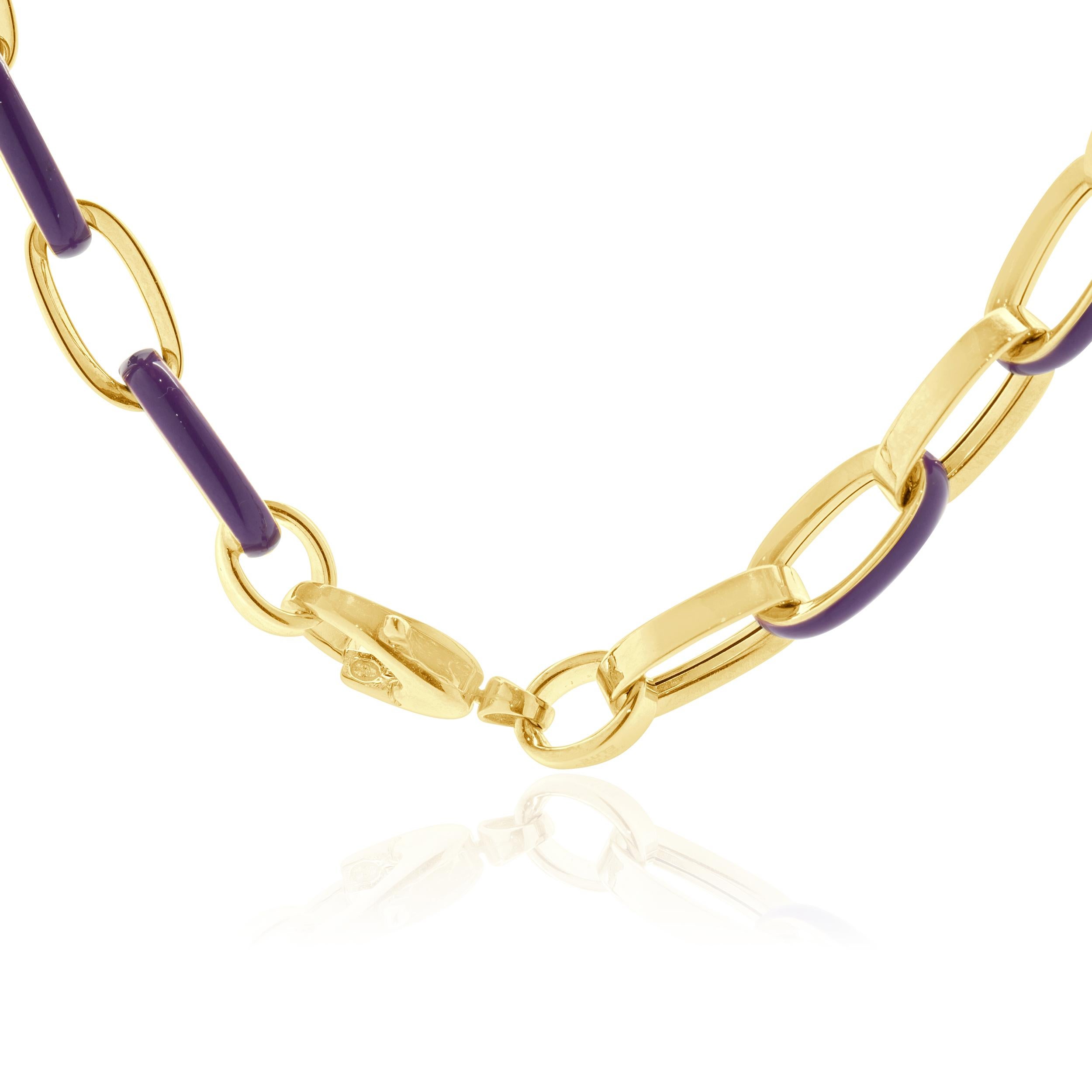 Women's or Men's 14 Karat Yellow Gold and Purple Enamel Oval Link Chain Necklace For Sale