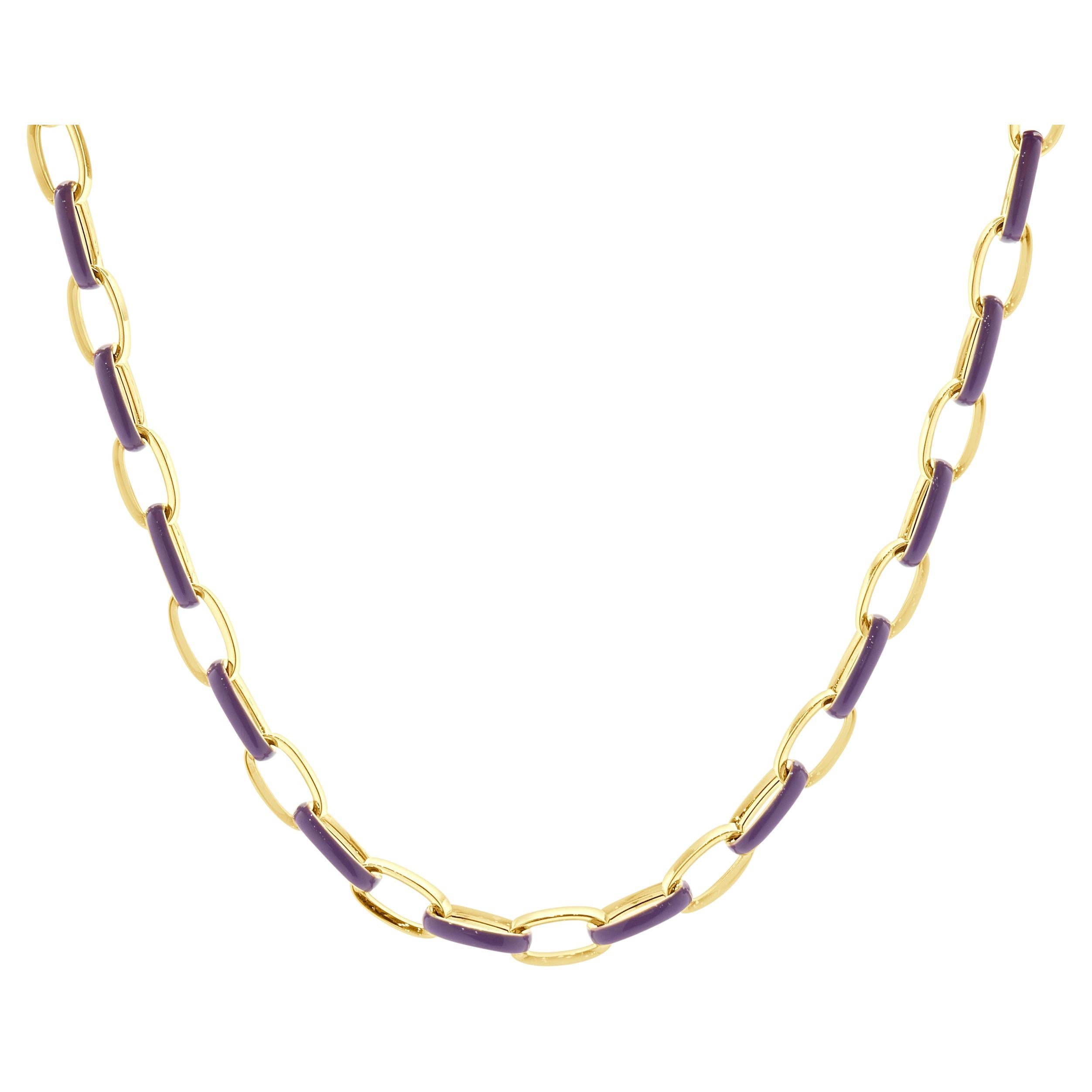14 Karat Yellow Gold and Purple Enamel Oval Link Chain Necklace