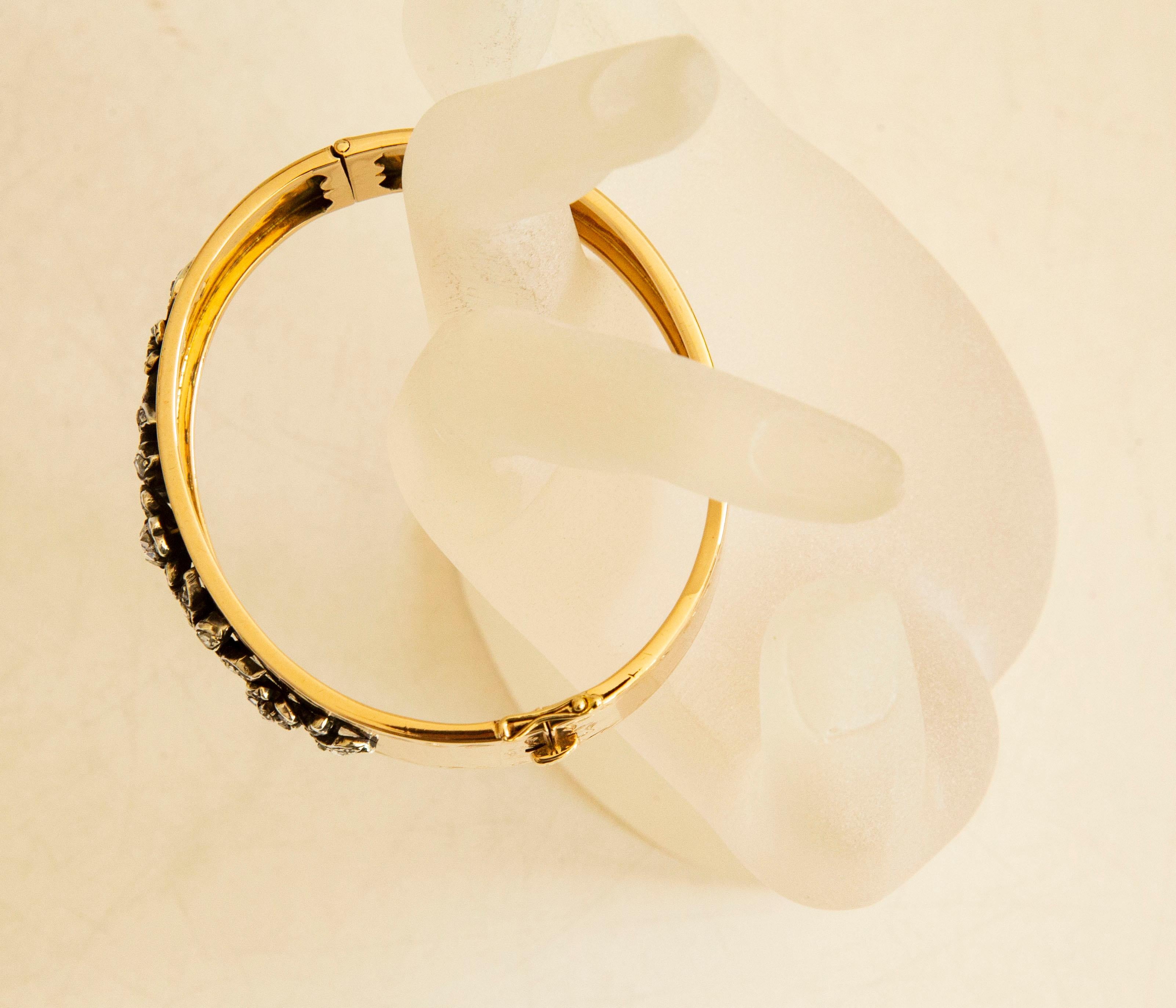 14 Karat Yellow Gold and Rose Cut Diamonds Bangle Bracelet  For Sale 8
