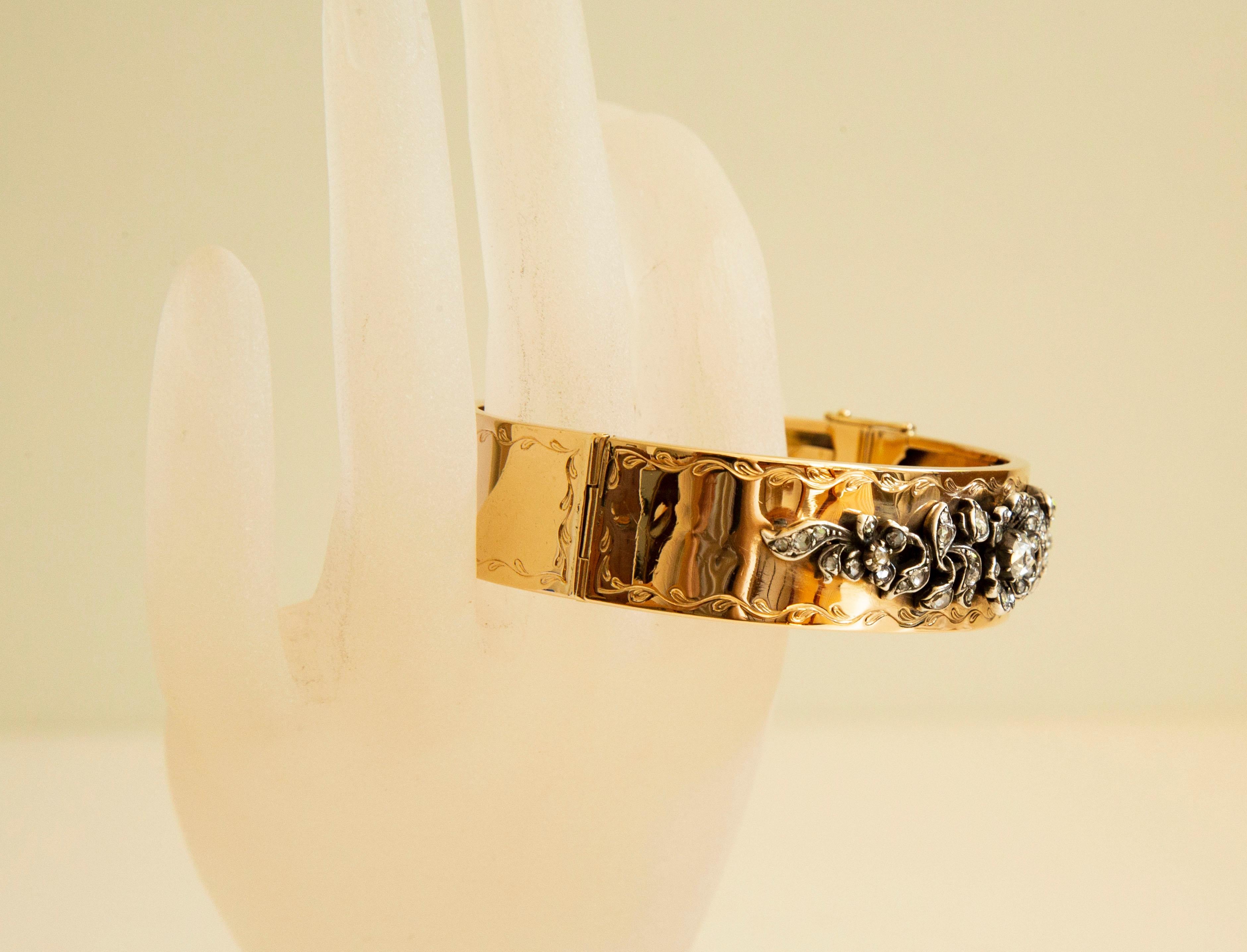 14 Karat Yellow Gold and Rose Cut Diamonds Bangle Bracelet  For Sale 9