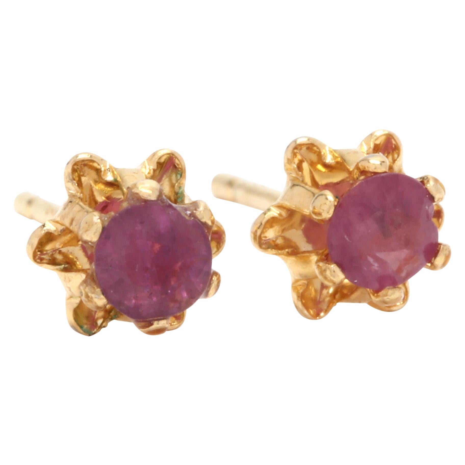 14 Karat Yellow Gold and Ruby Flower Stud Earrings