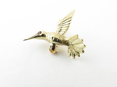 14 Karat Yellow Gold and Ruby Hummingbird Brooch or Pin