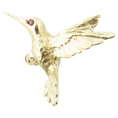 14 Karat Yellow Gold and Ruby Hummingbird Brooch or Pin