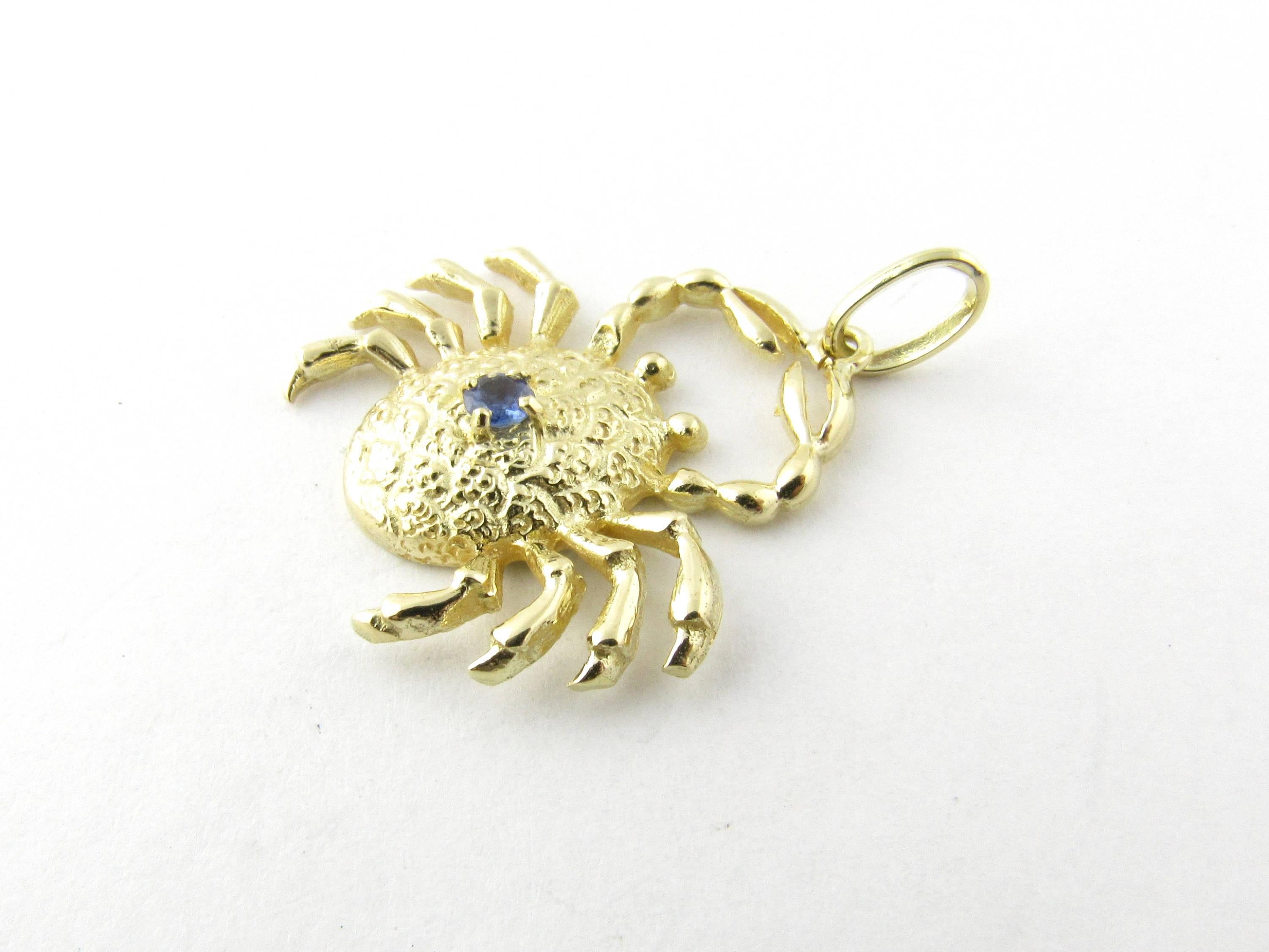 Vintage 14 Karat Yellow Gold and Sapphire Crab Pendant-

Perfect gift for your favorite Cancer birthday!

This lovely pendant features a beautifully detailed crab accented with a genuine blue sapphire in its center.

Size: 27 mm x 26 mm (actual