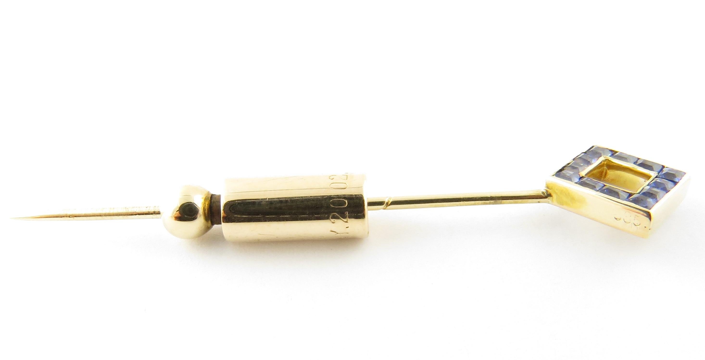 Vintage 14 Karat Yellow Gold and Sapphire Stick Pin

This elegant pin features 12 square genuine sapphires set in classic 14K yellow gold. Top of pin measures 12 mm x 12 mm.

Size: 58 mm

Weight: 2.2 dwt. / 3.5 gr.

Stamped: 585

Very good
