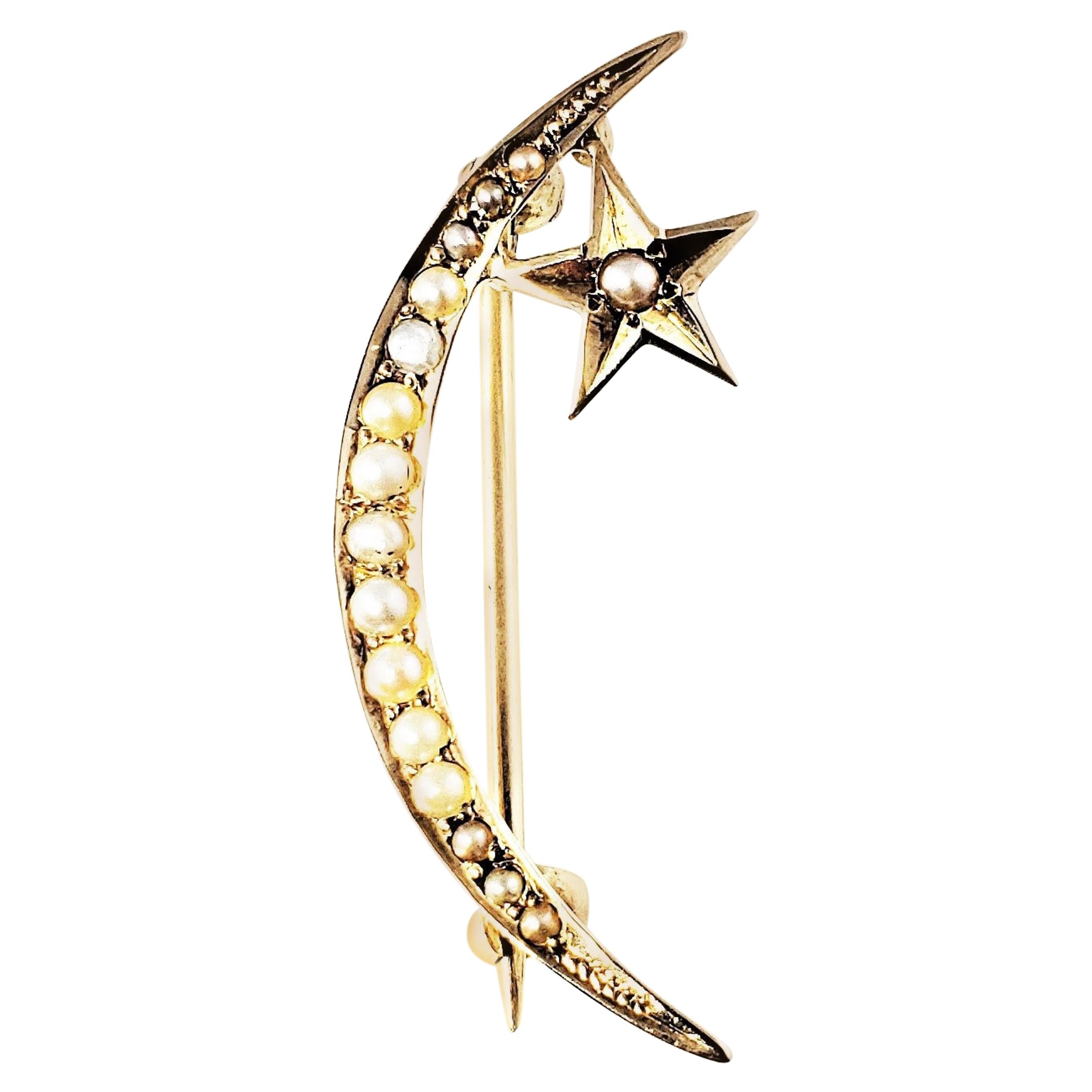 14 Karat Yellow Gold and Seed Pearl Moon and Star Brooch or Pin For Sale